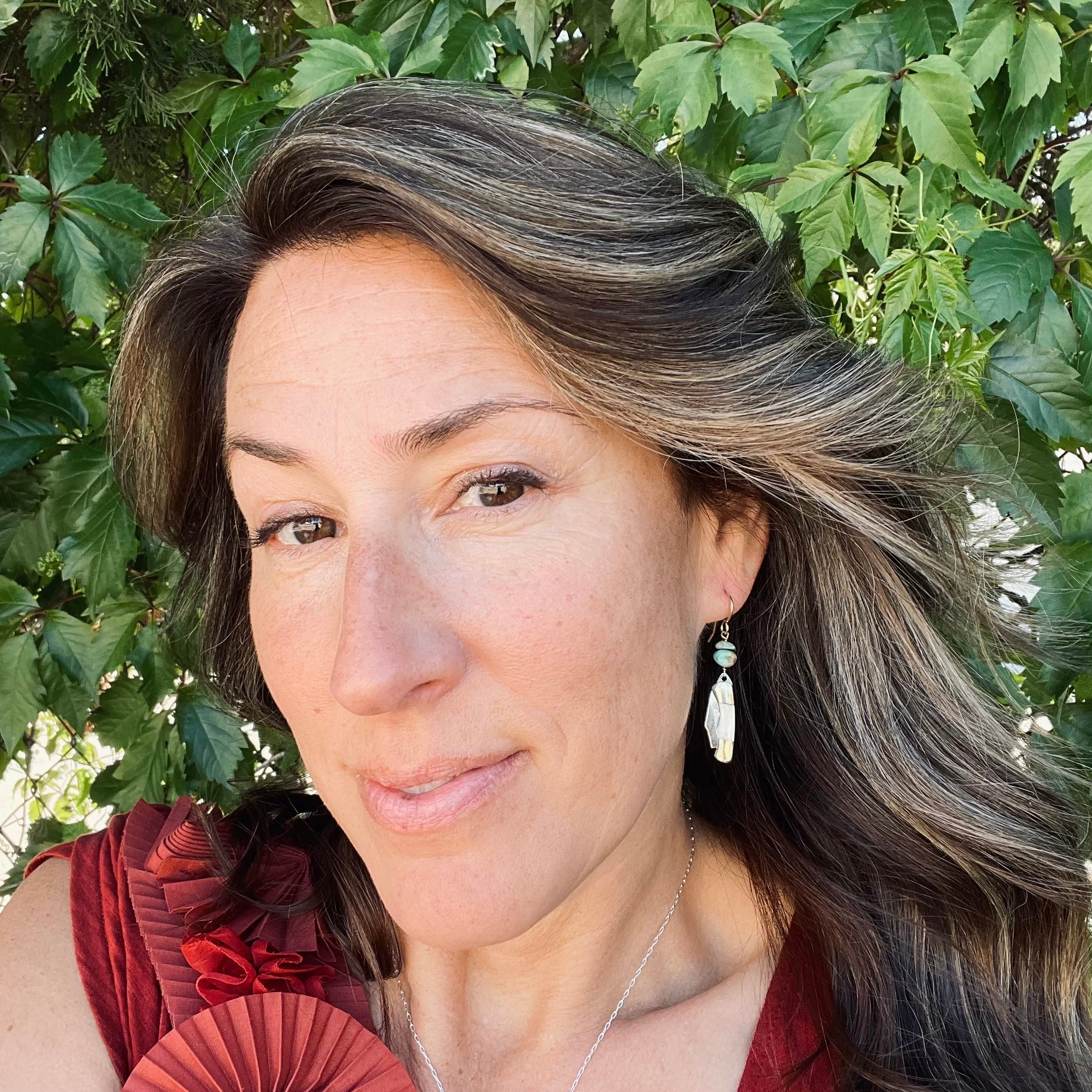 Two miniature bone inlay pocketknives with two turquoise chip beads hanging from gold or sterling silver ear wires