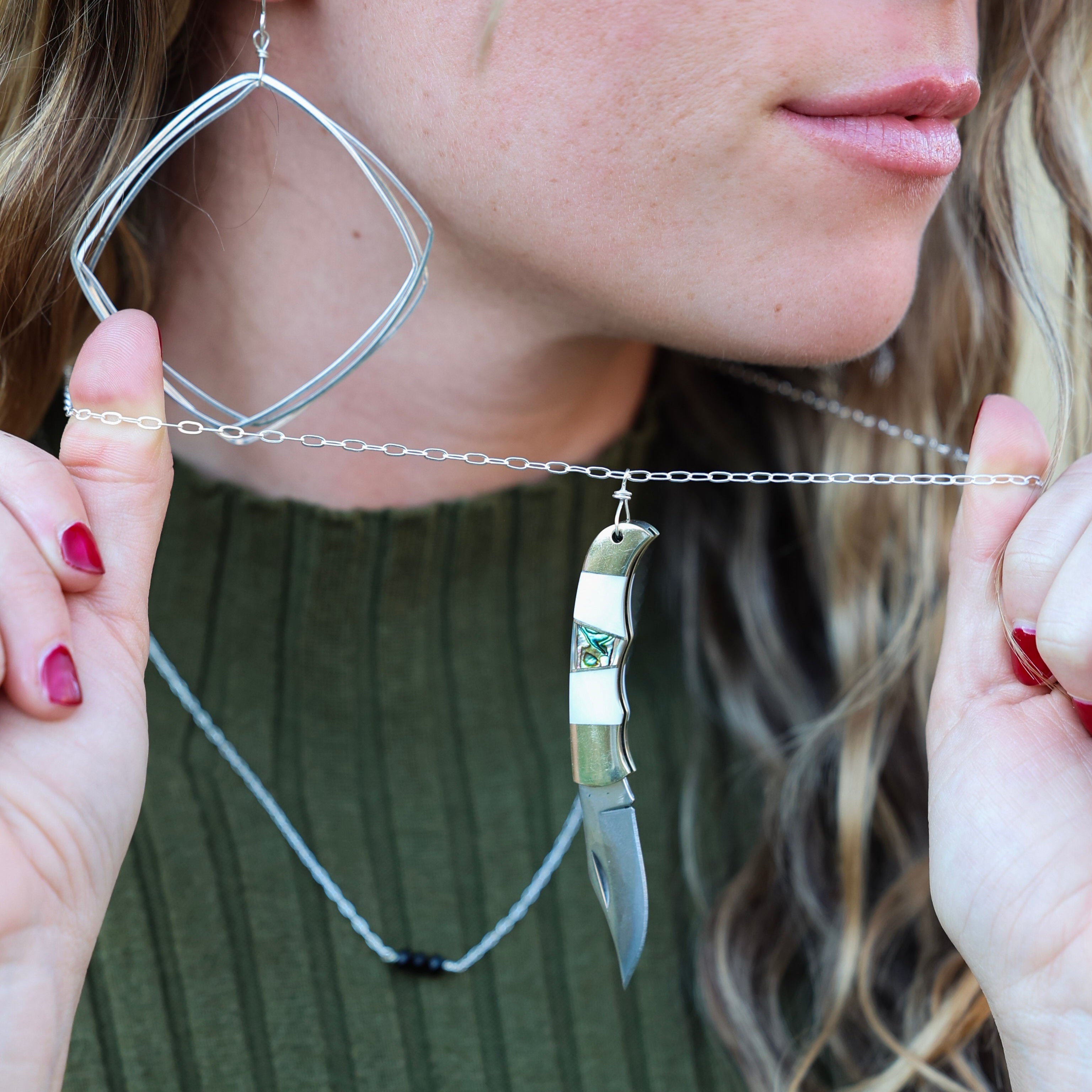 salt water abalone mother of pearl pocketknife necklace